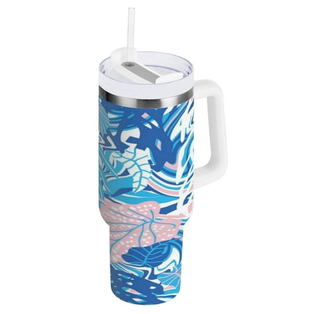 

30oz Travel Mug with Straw Car Bottle Insulated Mug with Handle Reusable Stainless Steel Water Bottle for Car Travel Home Pink Blue Tropic Leaves
