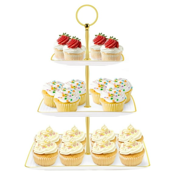 3 Tier Cupcake Stand Tower, White Plastic Cup Cake Holder for Dessert Table, Tiered Serving Tray for Tea Party, Baby Shower, Wedding and More (Square)