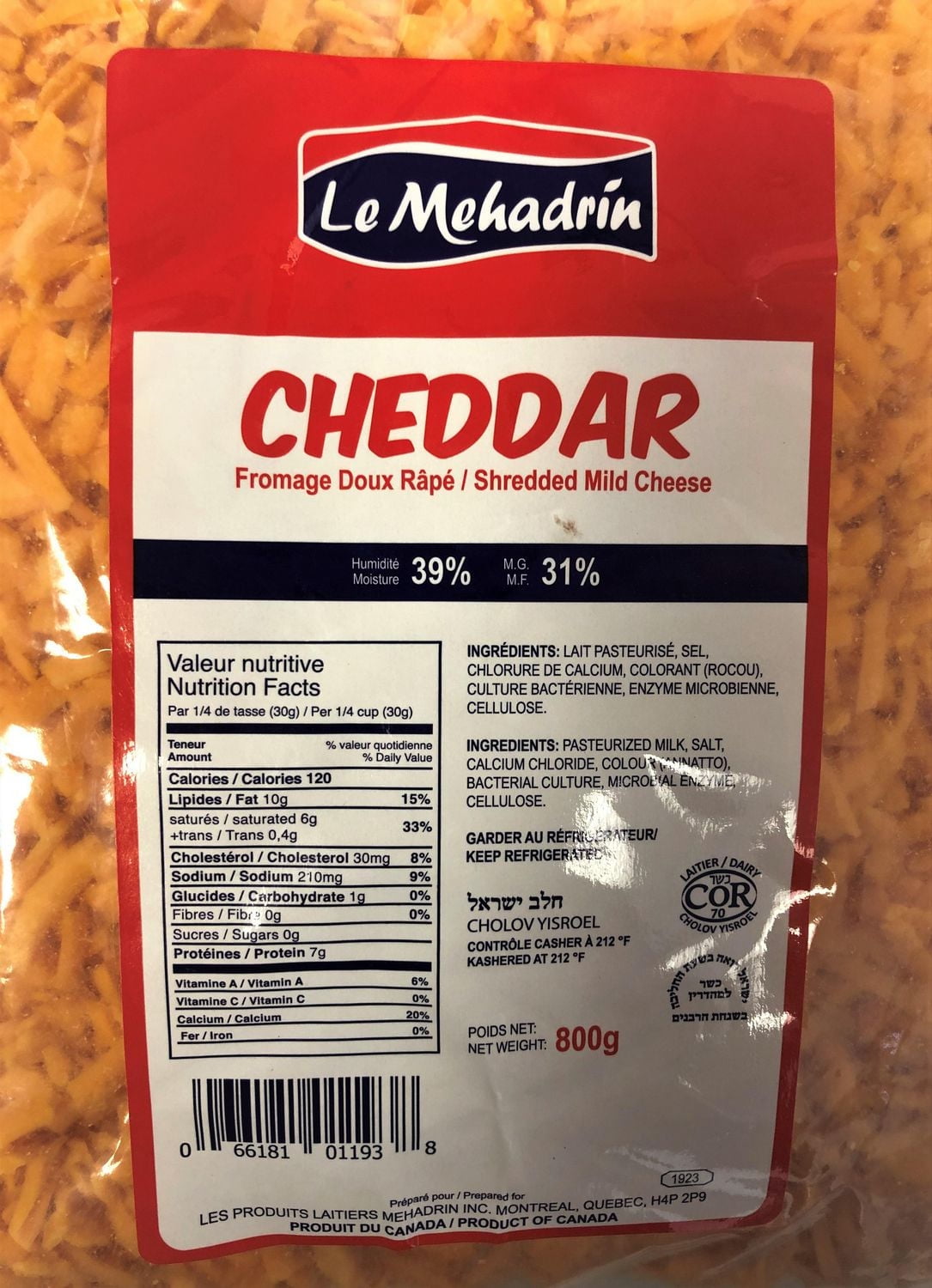Fromage Cheddar Doux Râpé