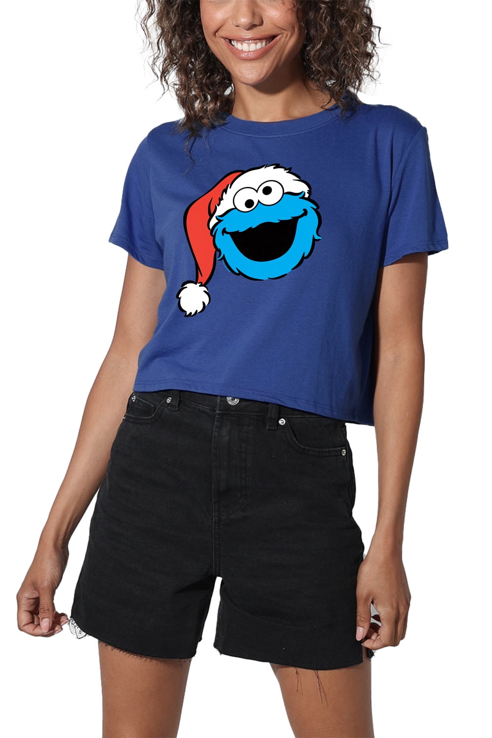 Sesame Street Christmas Santa Hat Cookie Monster Face Women's Crop