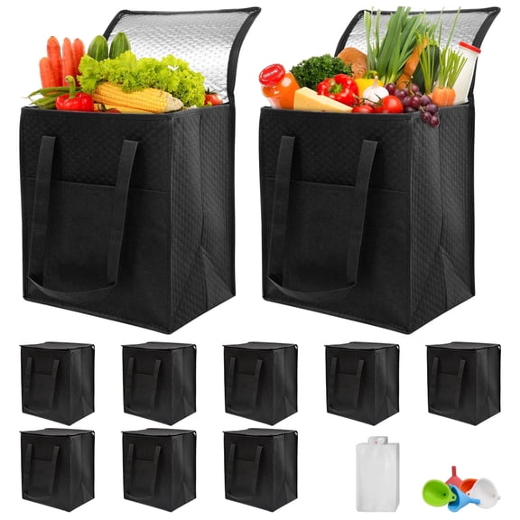 Sentryse 10-Pack Insulated Grocery Bags with Zipper, Large Reusable Cooler Bags for Frozen Food, Grocery Shopping, Meal Transport, Picnic & Travel   40 Ice Packs & 5 Funnels