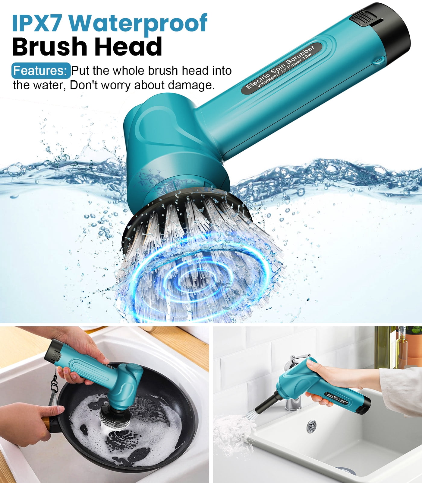 Amiluo Electric Spin Scrubber, 5000 mAh Battery Cordless Handheld Cleaning Brush, 3 Speeds Power Scrubber with 5 Replaceable Heads & Display for Bathroom/Shower/Sink/Tub, A3/Blue