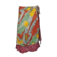 Mogul Women Reversible Indian Print Silk Sari Wrap Skirt Recycled Two Layer Boho Chic Gypsy Sarong Dress