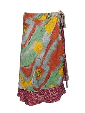 Mogul Women Reversible Indian Print Silk Sari Wrap Skirt Recycled Two Layer Boho Chic Gypsy Sarong Dress