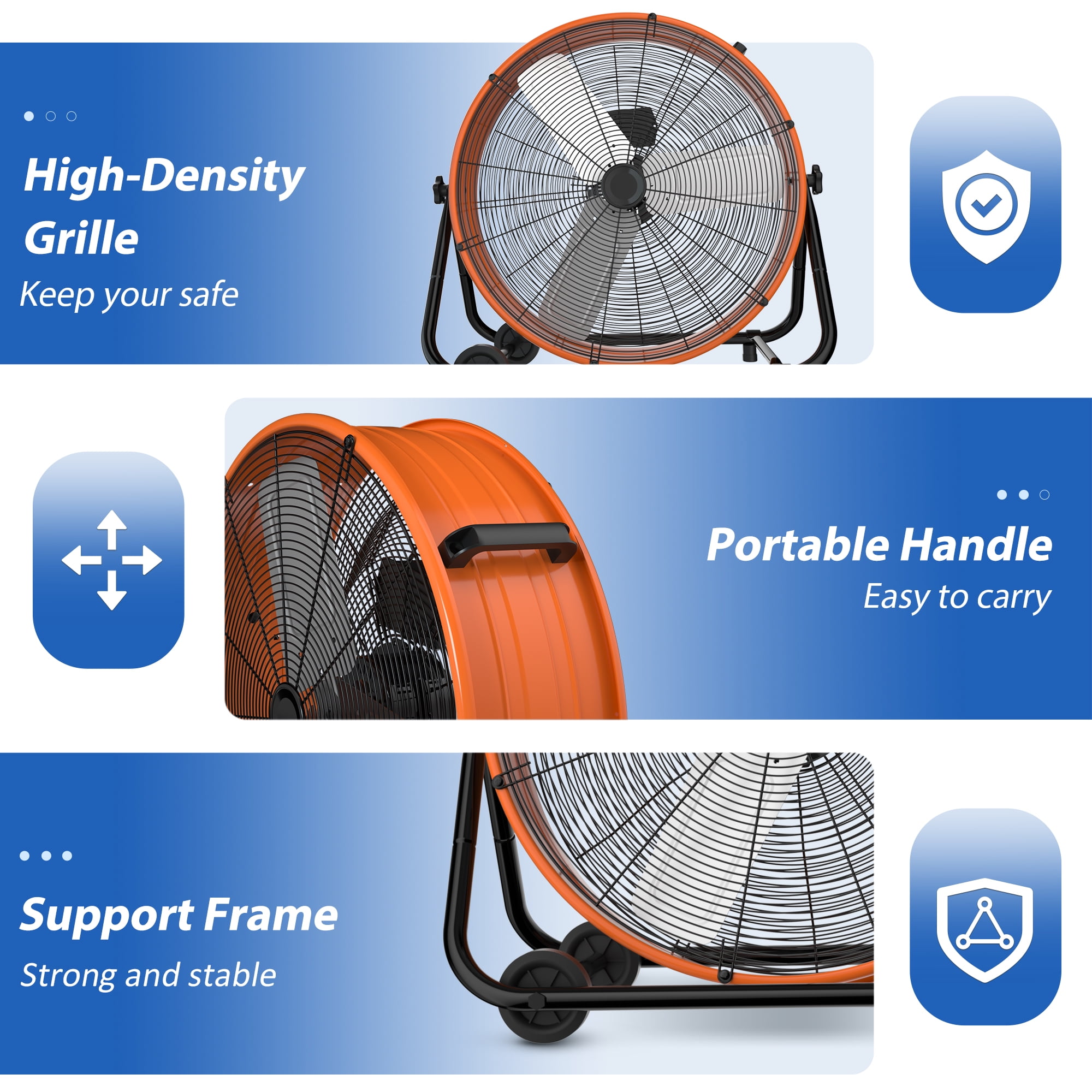 LifePlus Industrial Drum Fan, 5620cfm High Velocity Floor Fan 3 Speed Air Circulation, 24 inch, Orange