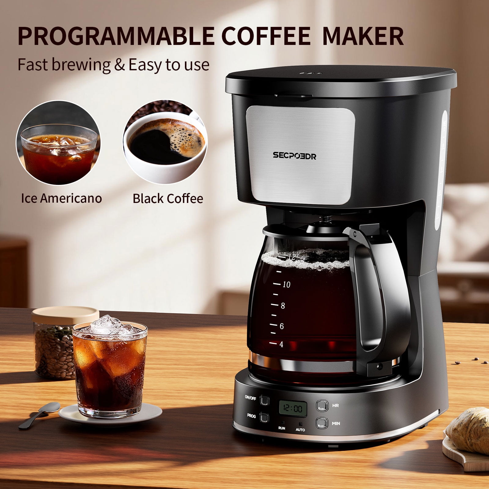 SECPOEDR 12 Cup Drip Programmable Coffee Maker, Easy Pour, Non-Drip Carafe with Removable Filter Basket for Kitchen, Office Black