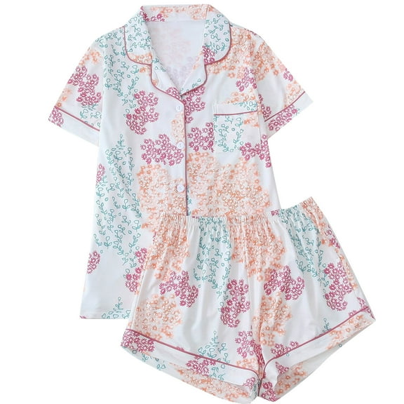 Floral Pajama Set for Women Short Sleeve Button Down Sleepwear Soft Lightweight 2 Piece Summer Loungewear PJs