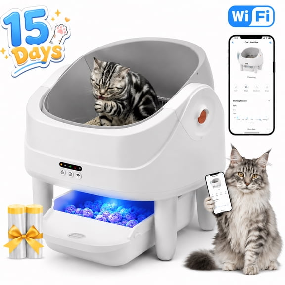 Automatic Self Cleaning Litter Box for Multiple Cats, 100L 11L Large Capacity, APP Remote Control with Health Monitoring, Odor Control, Quiet Operation, Included 2 liners, White