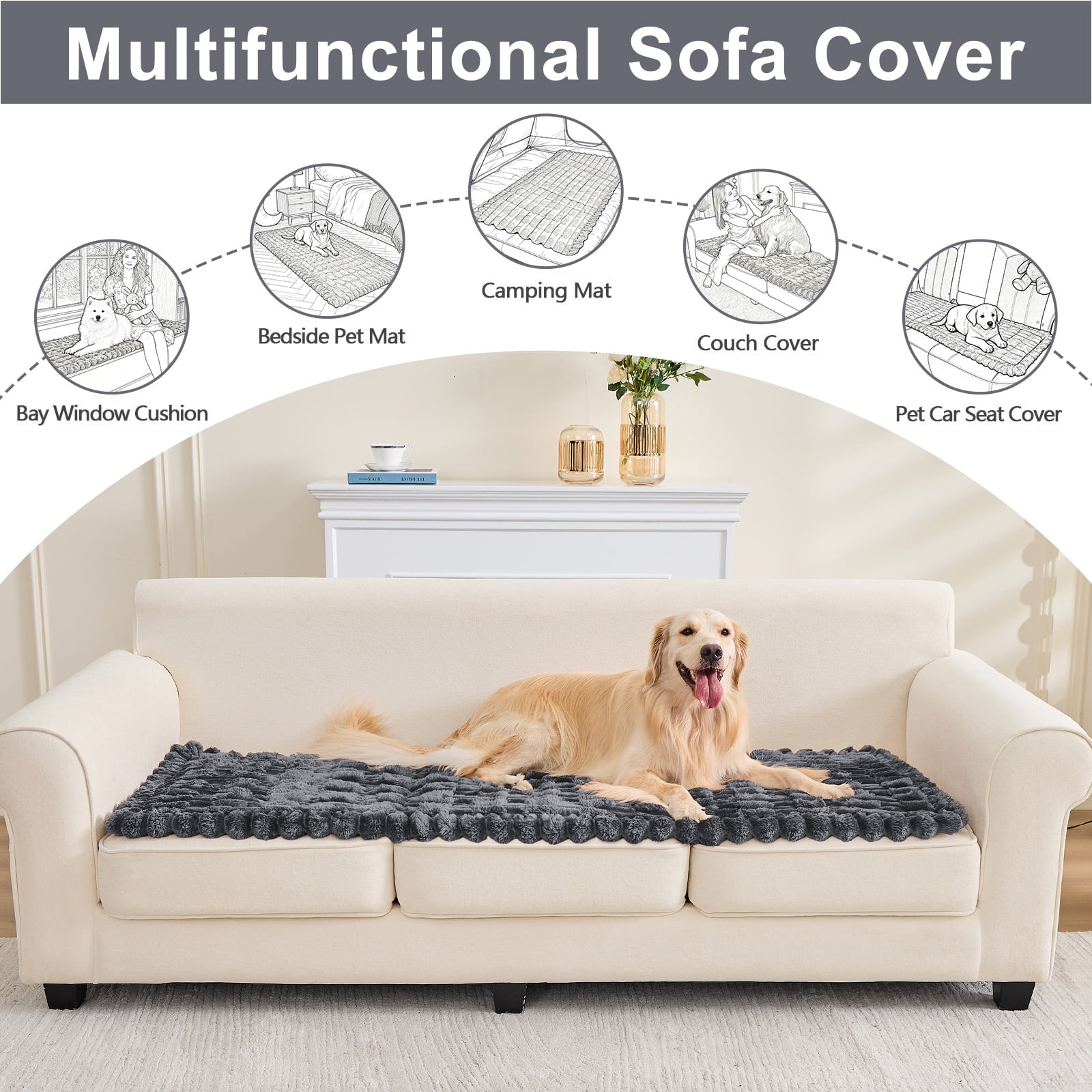 SANMADROLA Waterproof Couch Cover for Dogs Washable, Non-Slip Fuzzy Loveseat Slipcovers, Thick Soft Dog Bed Mat for 2 Cushion Sofa Pet Friendly Furniture Protector, Dark Gray, 28" x 83"