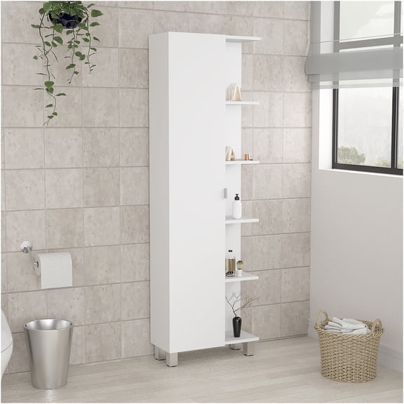 JERFIT White Modern Corner Linen Cabinet with Door & Adjustable Shelves for Bathroom Storage