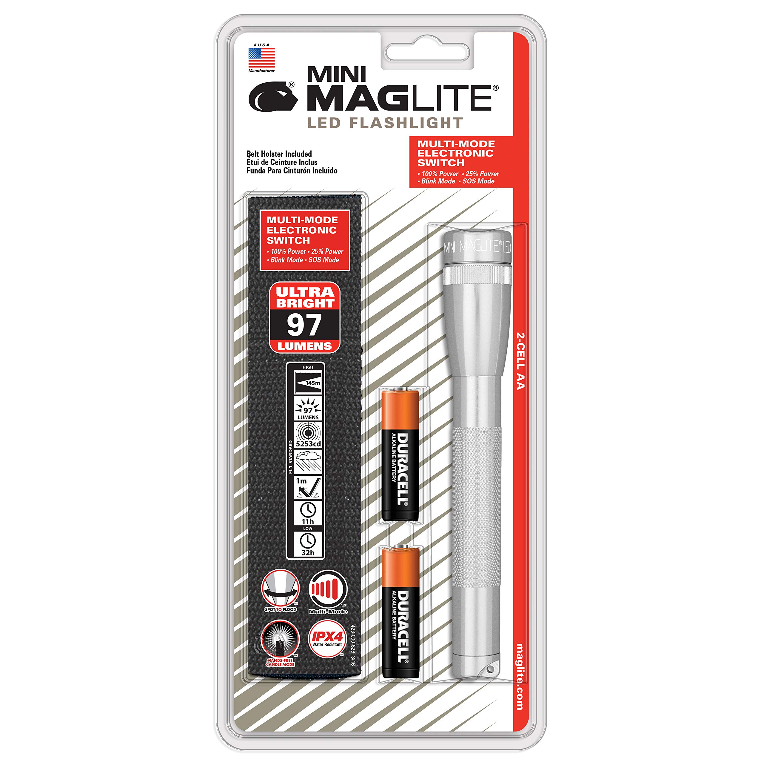 Maglite Mini LED 2Cell AA Flashlight with Holster, Silver Walmart
