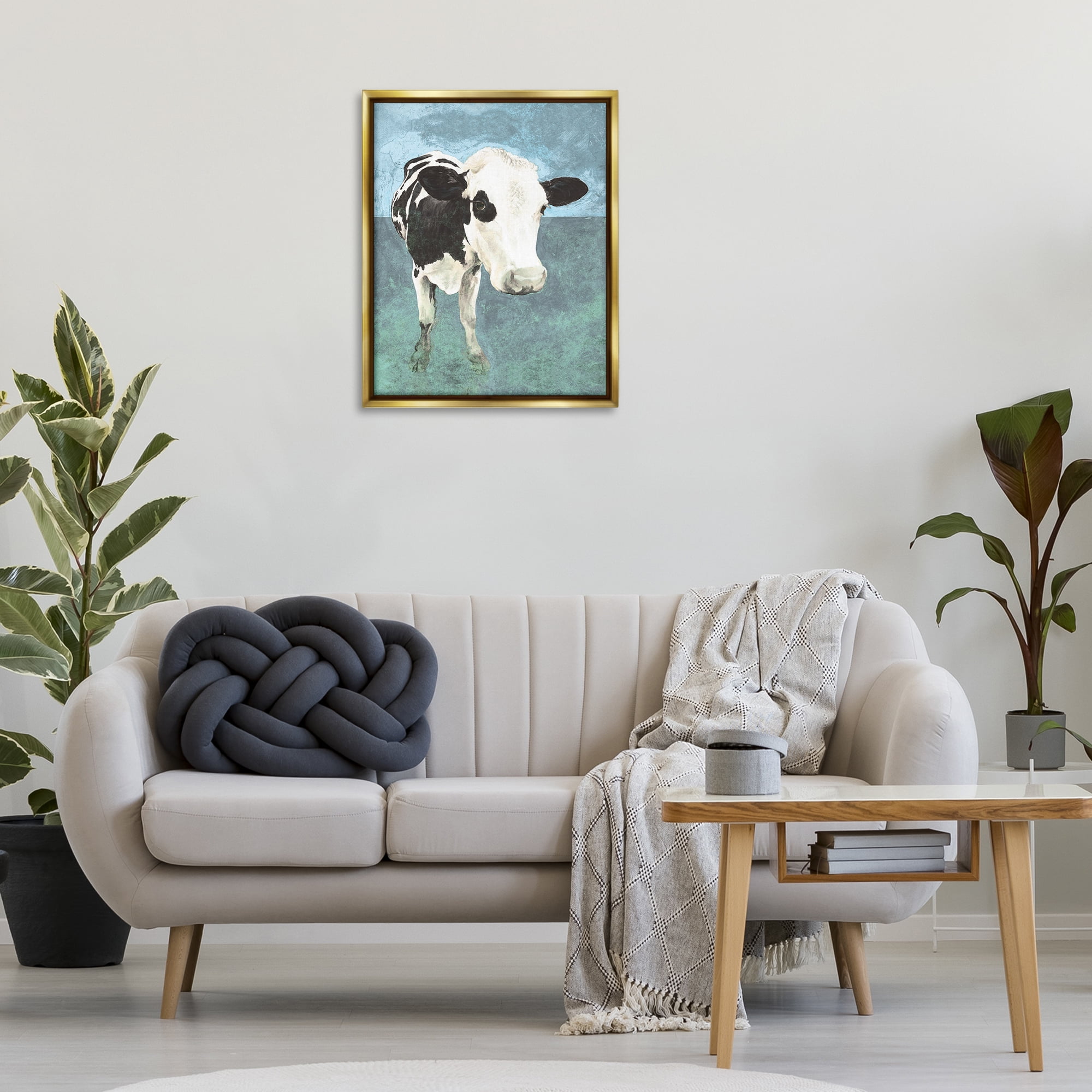Stupell Industries Simple Farmhouse Cow Animals & Insects Painting Gold Floater Framed Canvas Art Print Wall Art, 25 x 31