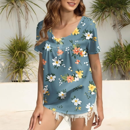 Delayuji Women s Short Sleeve Tshirt Floral Print Causal Blouse Round Neck Tee T Shirt Summer Top Daily Wear