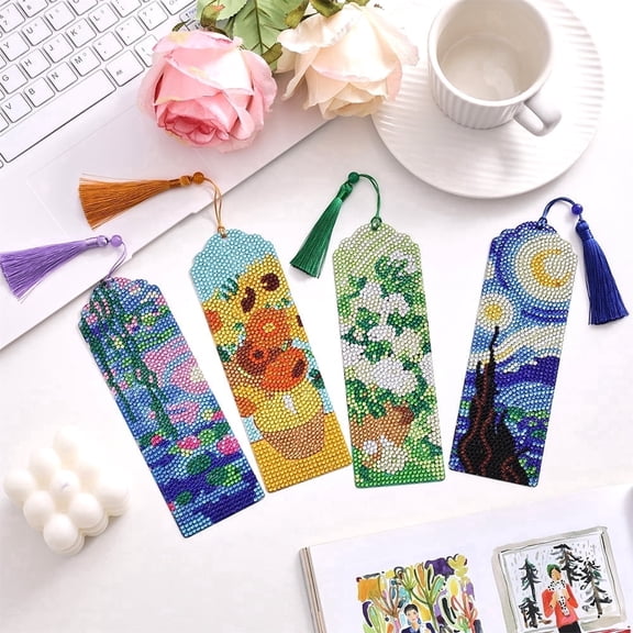 Diamond Art Bookmarks 4 Pieces Acrylic Diamond Bookmark Set Oil Painting Series DIY Bookmarks for Adults Small Craft Bookmark Set Beginners DIY Gifts for Friends Classmates and Reading Lovers