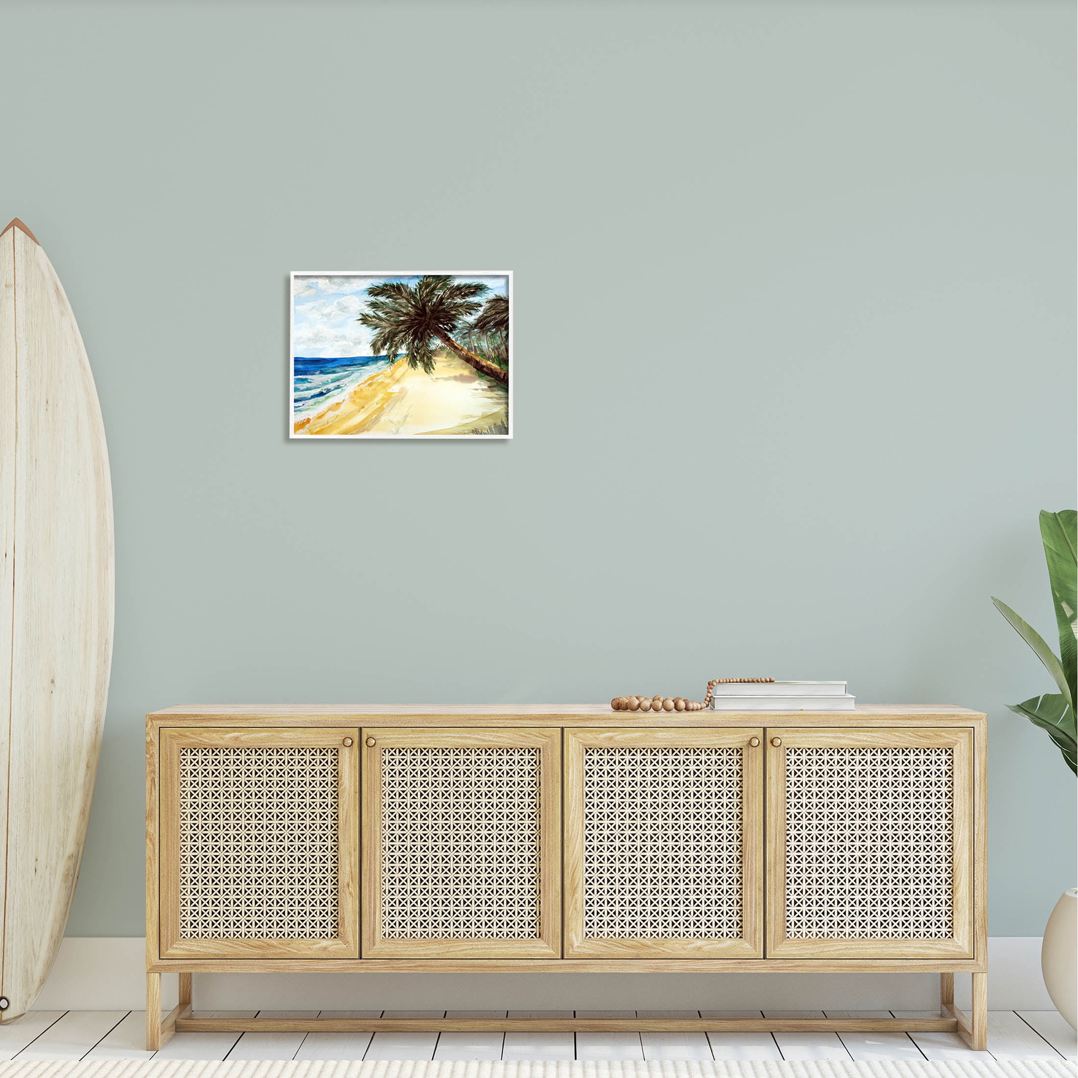 Summer Palm Overhanging Beach Coastal Painting White Framed Art Print Wall Art