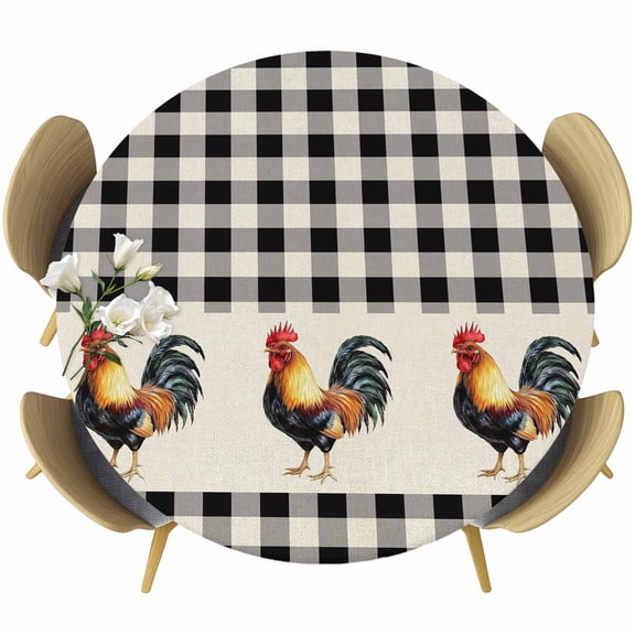 Black White Plaid Rooster Round Tablecloth, Fitted Table Cover with Elastic for 45"-54" Round Tables, Vintage Farmhouse Checkered Rustic Table Cloth Outdoor Dinning Party Waterproof Tablecloths