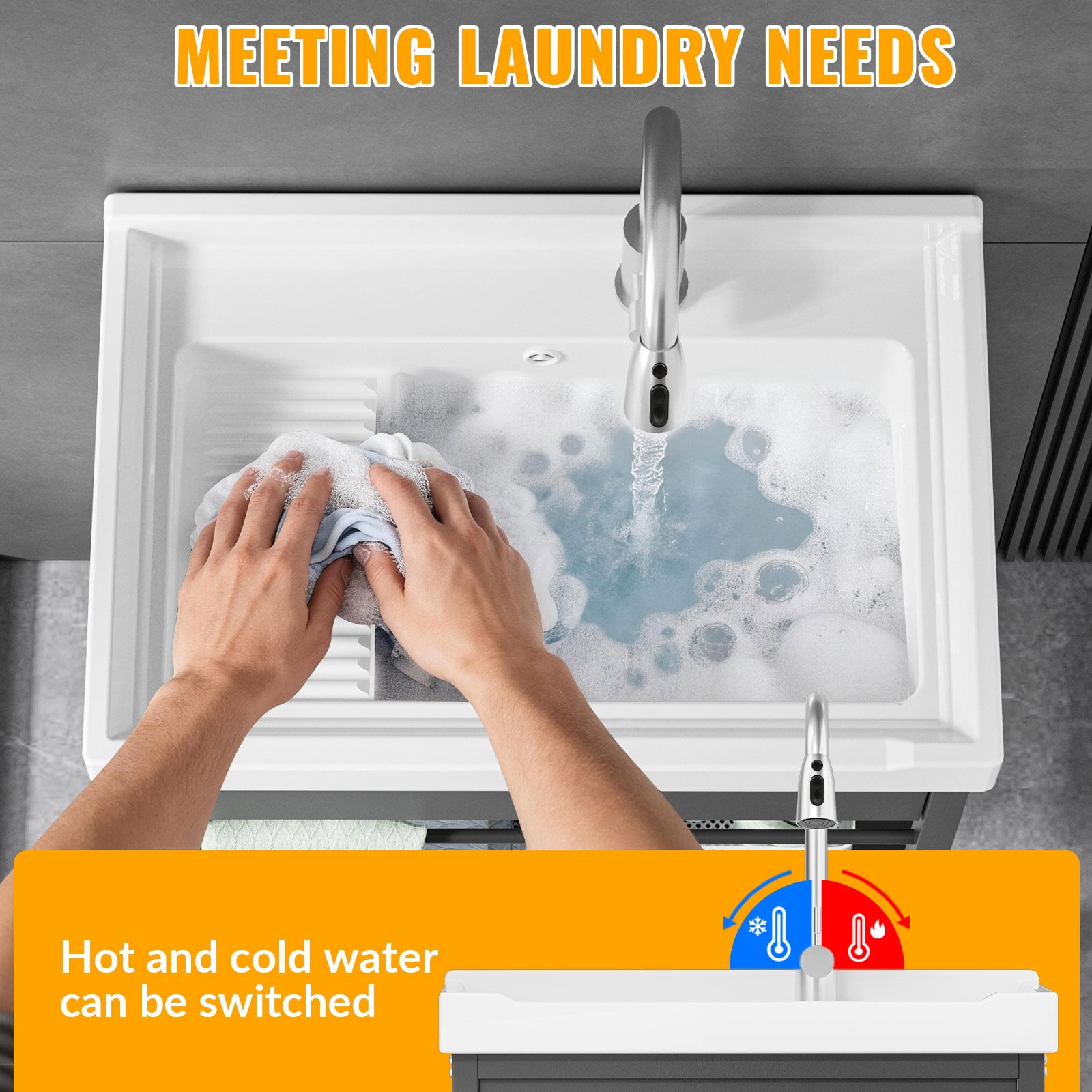 Laundry Room Sink, 26.8" × 17.7" × 34.3" Ceramic Utility Sink with Built-in Washboard, Complete Freestanding Basin with Hot & Cold Water Faucet, Water Hoses and Drain Assembly Kit, Ideal