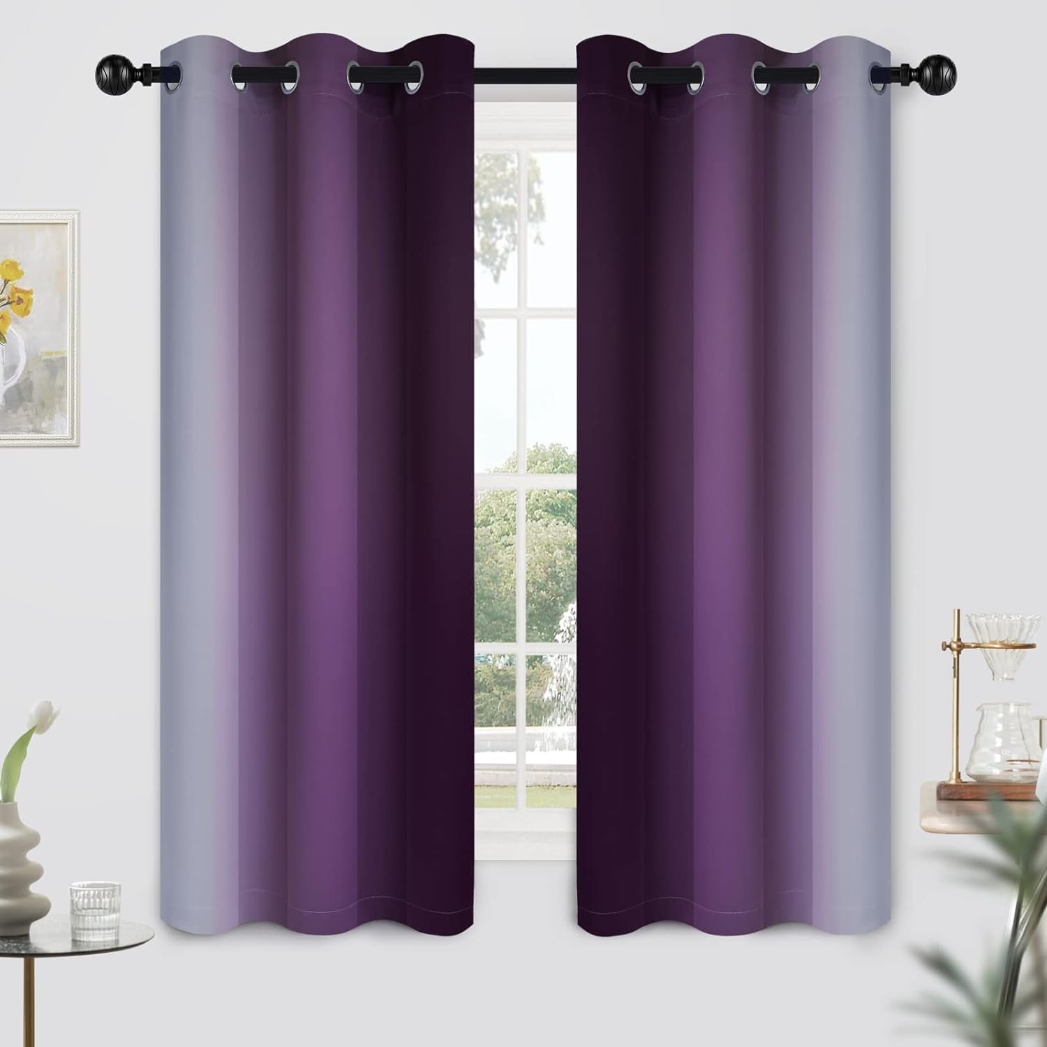 Yakamok Grommet Light Blocking Blackout Ombre Purple Curtains for Bedroom,Room Darkening Window Drapes for Living Room, 42x63 inches, 2 Panels