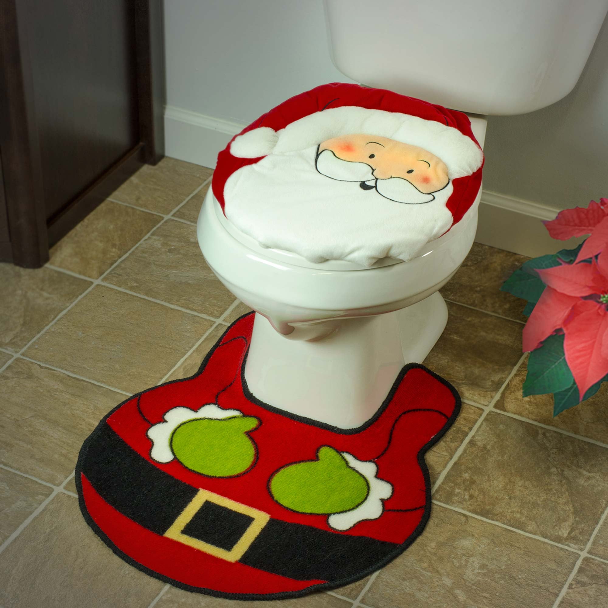 Holiday Bathroom Santa Claus Toilet Seat Cover and Rug 2 Piece Set Decorations