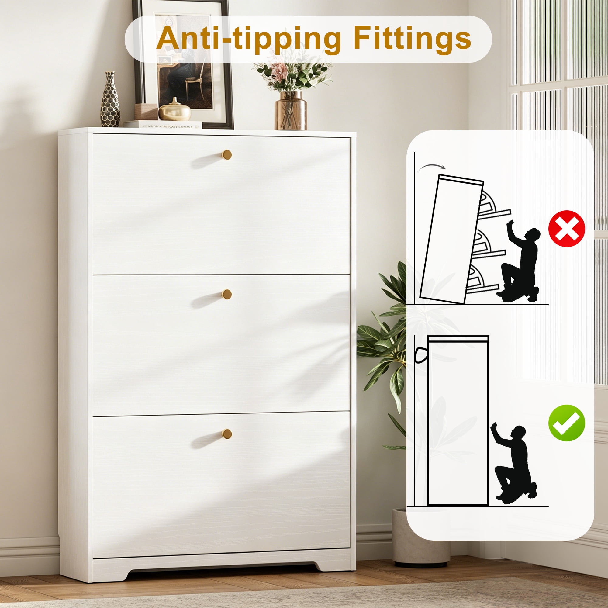 Skyhill Shoe Cabinet with 3 Flip Drawers,Modern Shoe Organizer for Entryway,White