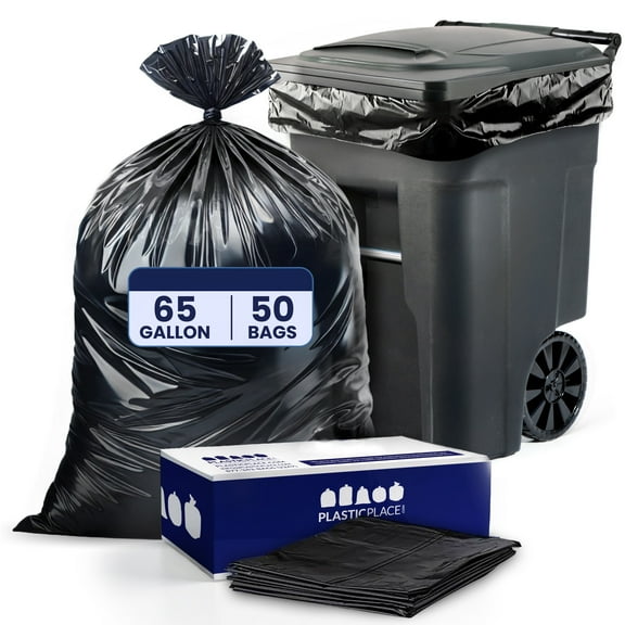 Plasticplace 65 Gallon Trash Bags │ 3.0 Mil │ Black Heavy Duty Garbage Can Liners │ 50” x 48” (50 Count)