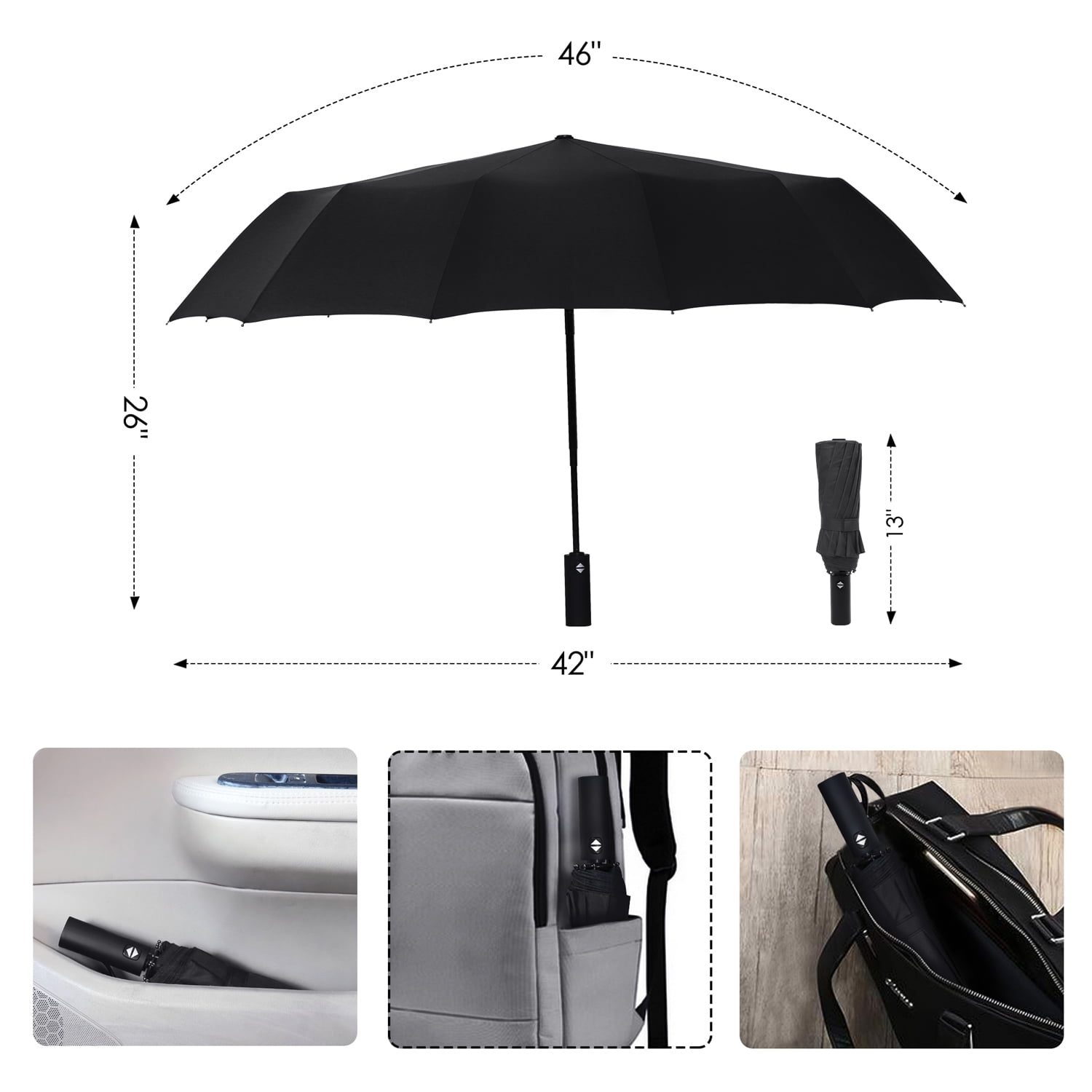 gastropod JIGUOOR 12 Ribs Wood Handheld Folding Umbrella Windproof Compact Travel,Auto Open/Close Large Rain Umbrellas w/Teflon Coating, Ergonomic Handle FREE Leather Case for Mens Women