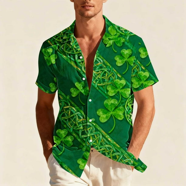 Blusa y camisa hawaiana de manga corta con cuello vuelto para hombre, camisa unisex de verano para playa, informal, de manga corta, con botones, ropa estampada para el Día de San Patricio, blusa para