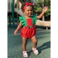 thumbnail image 3 of BemeyourBBs Newborn Baby Girl Summer Clothes Watermelon Outfit Cute Infant Bubble Romper Ruffle Fly Sleeve Bodysuit with Bowknot Headband, 3 of 9