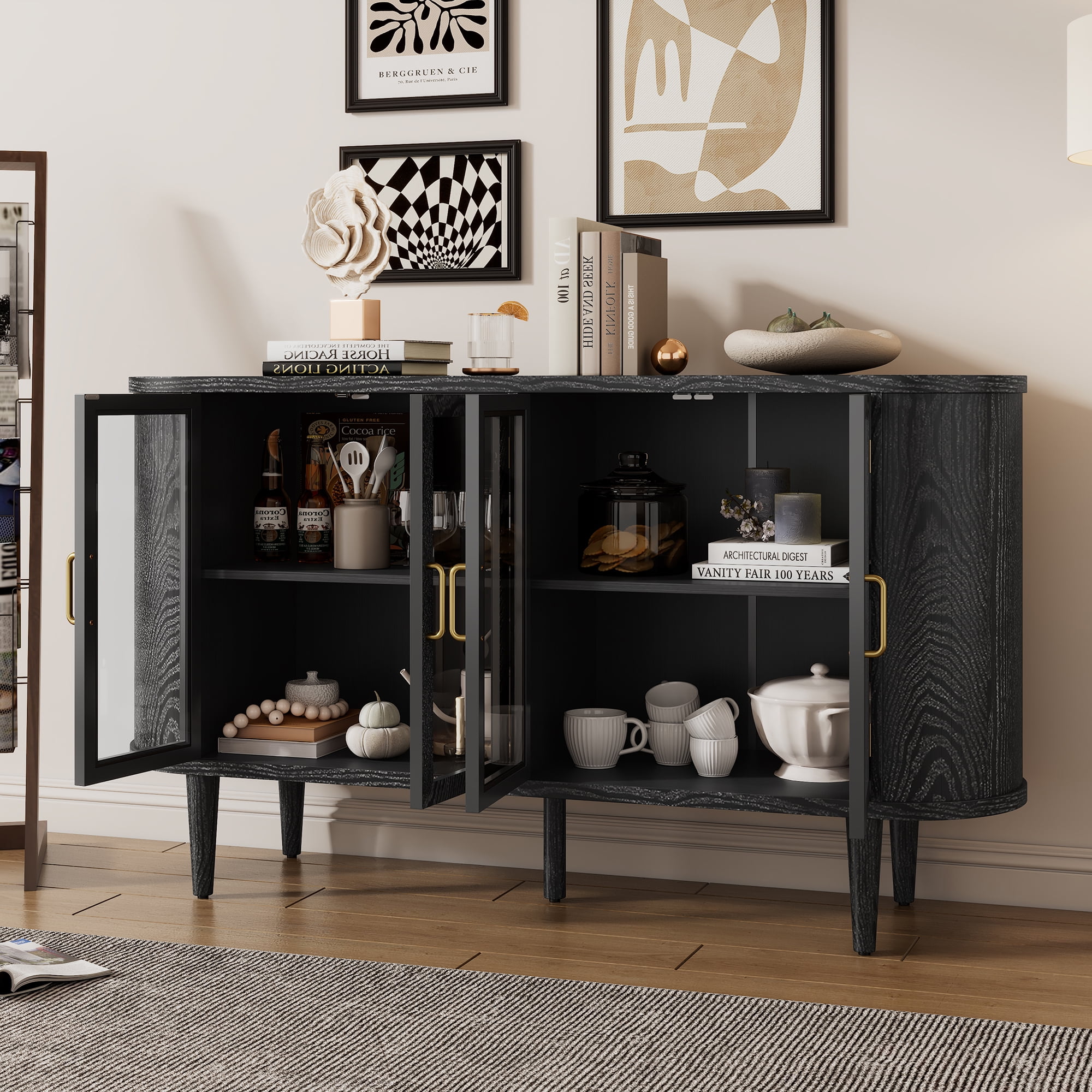 Euroco Farmhouse Sideboard Buffet Cabinet with Storage,60" Wood Coffee Bar Cabinet with Glass Doors & Adjustable Shelves for Kitchen Dining Room,Black