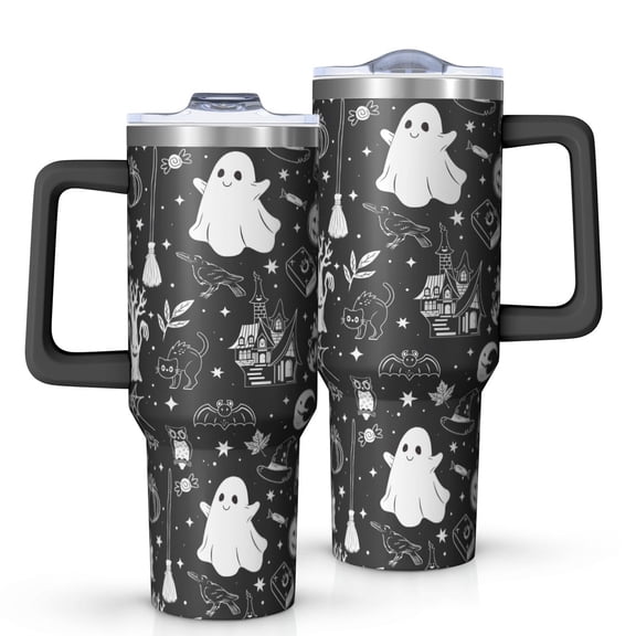 Black and White Halloween Elements Pattern Tumbler with Handle and Lid,40oz Double Wall Vacuum Insulated Tumbler,Cups Gift for Women and Men
