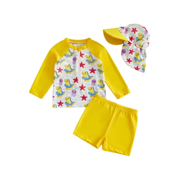 BemeyourBBs Toddler Baby Girls Boys Swimsuits Cute Infant Bathing Suit Turtle Tree Dinosaur Swimwear Rash Guard Long Sleeve Tops with Swim Trucks Shorts and Hat Set Summer Beachwear