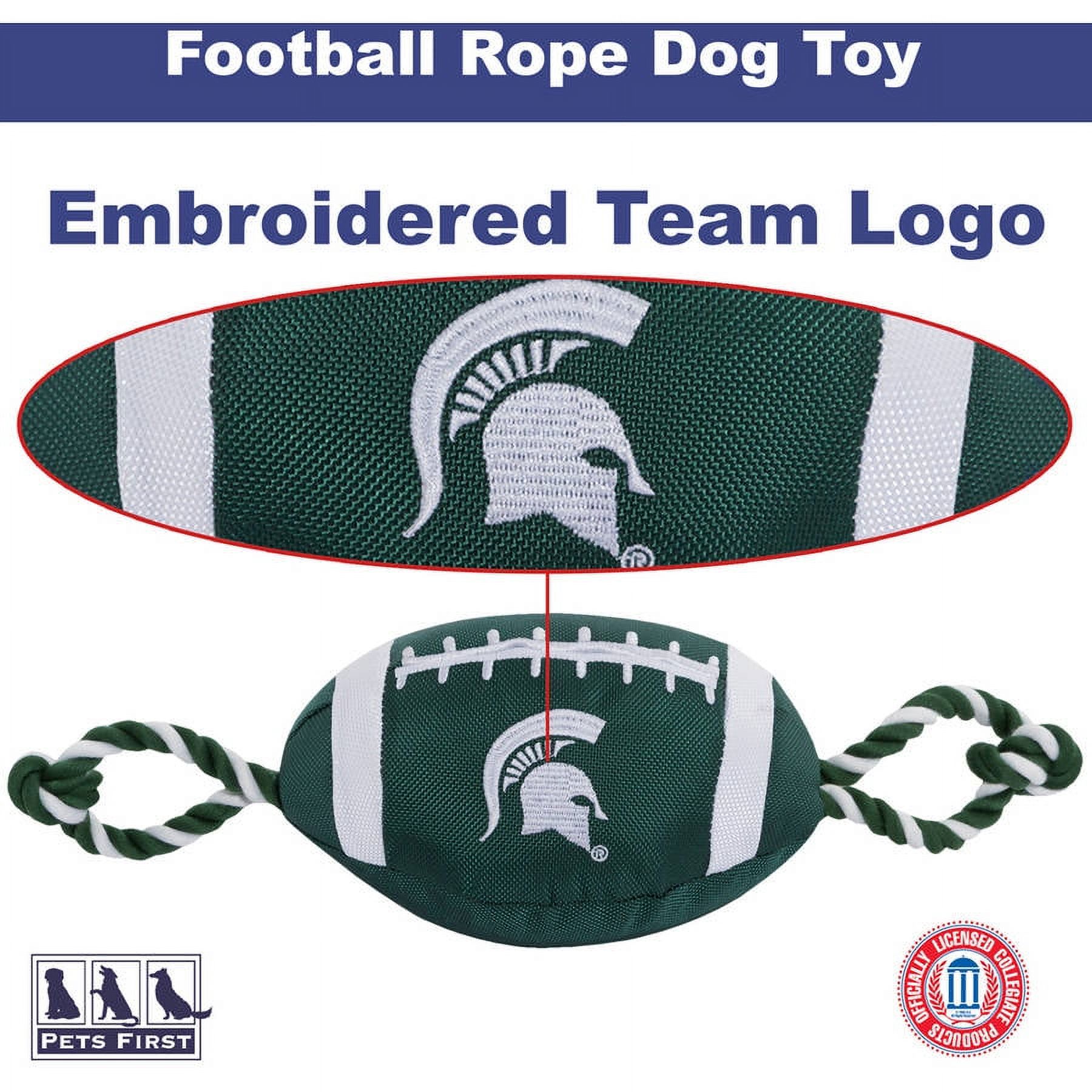 Pets First NCAA Michigan State Spartans Strong, Durable, Chewable Football Dog Toy with Inner Squeaker and Side Ropes, Officialy Licensed