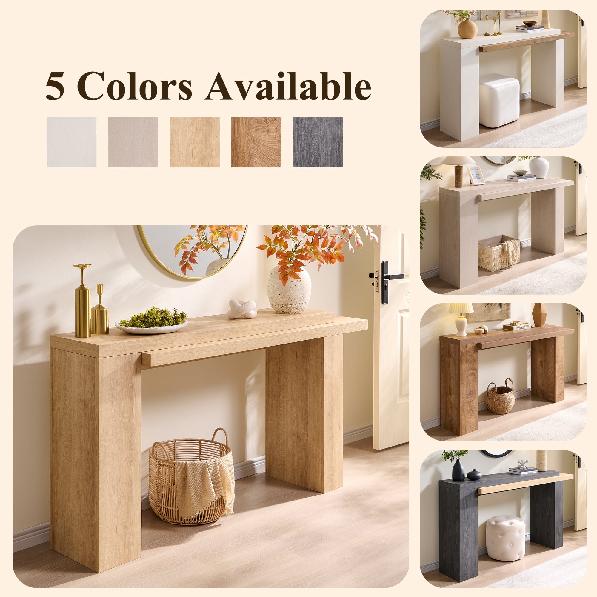 KeyWhat 63" Entryway Console Table, Wooden Modern Sofa Table Behind Couch, Dual-Level Countertop Design for Hallway, Entryway, Living Room, Natural Oak & Dark Alder