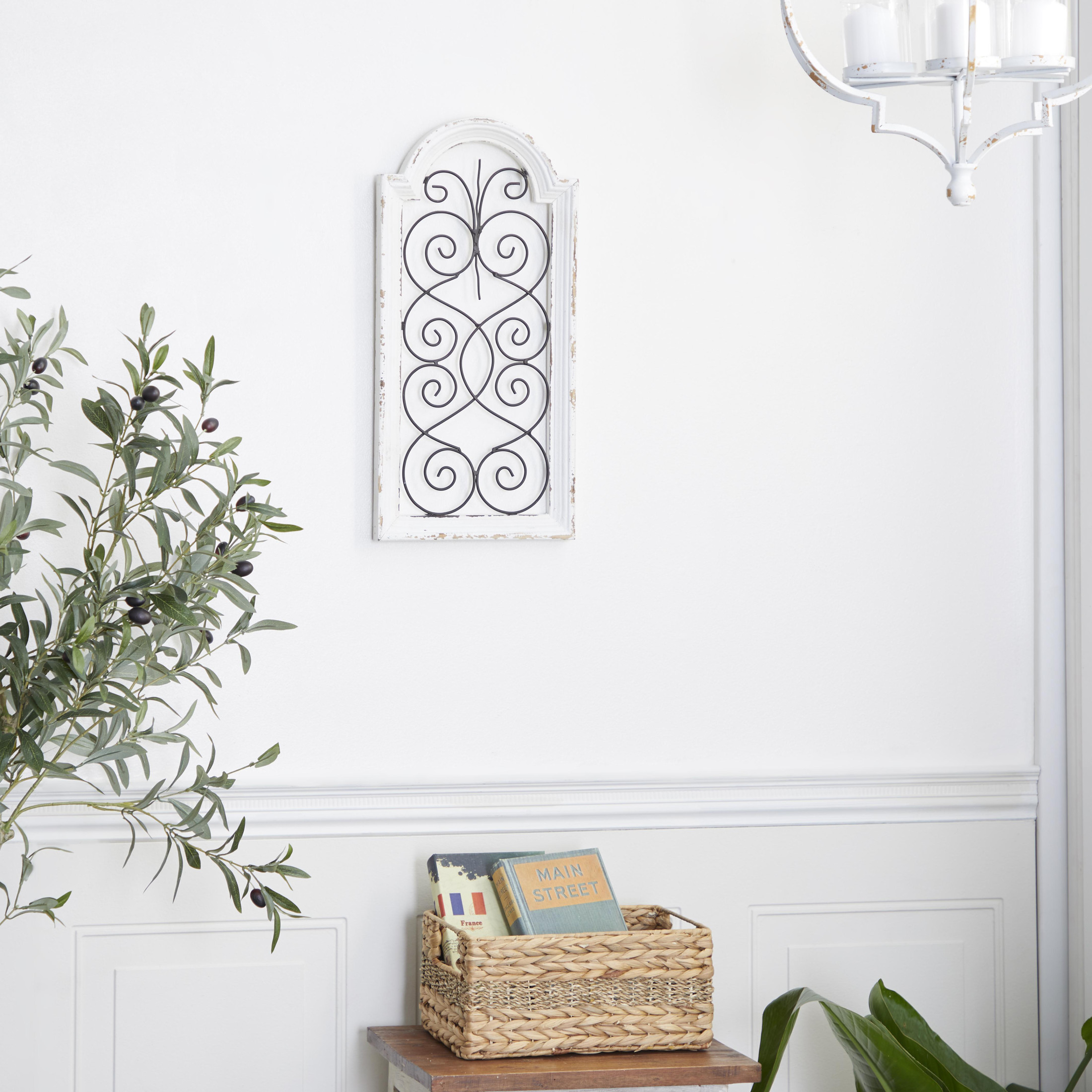 DecMode White Wood Arched Window Inspired Scroll Wall Decor with Metal Scrollwork Relief