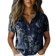 thumbnail image 2 of Tittly Button Down Shirts Shirts for Women Women Cotton Shirt Printed Fashion Down Shirts Casual Tops Short Sleeve Blouse Short Sleeve Shirts Womens Shirts Navy XXL, 2 of 4