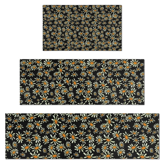 Black Daisy Flower Orange Centers Pattern Kitchen Rugs Sets Of 3,Kitchen Runner Rugs Non Skid Washable,Decorative Kitchen Floor Mats for Kitchen,Sink,Laundry,17"x30" 17"x47" 17"x59"