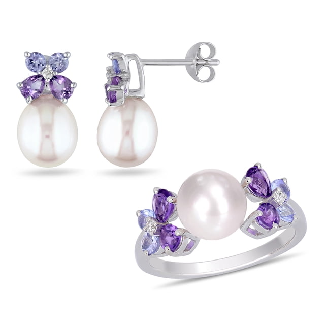 Miabella 8-8.5mm Cultured Freshwater Pearl, 2 Carat T.G.W. Amethyst Tanzanite and Diamond Accent Sterling Silver 2-Piece Earrings and Ring Set