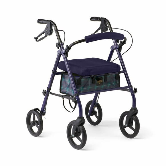 Andador plegable de acero Medline con asiento, Microban*, ruedas de 8", capacidad de peso de 300 lb, azul marino - Ayuda de movilidad compacta y portátil para mayor independencia y comodidad