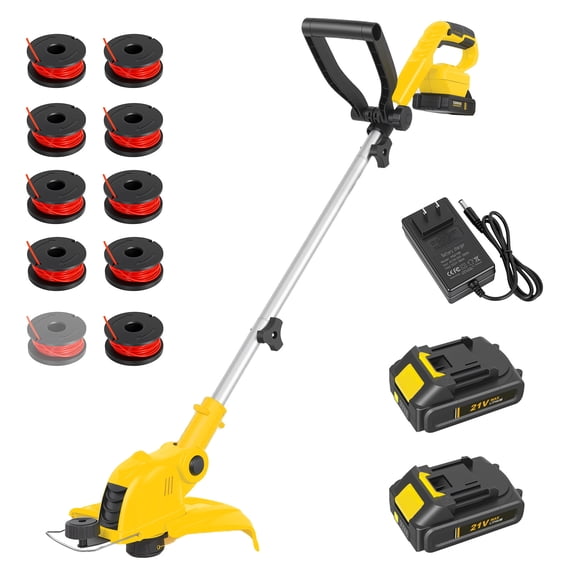 CATGOOD Cordless Weed Wacker, 12 Inch Electric String Trimmer with 10 lines and 2 Batteries, 3-in-1 Lawn Edger with Pivoting Head, Yellow