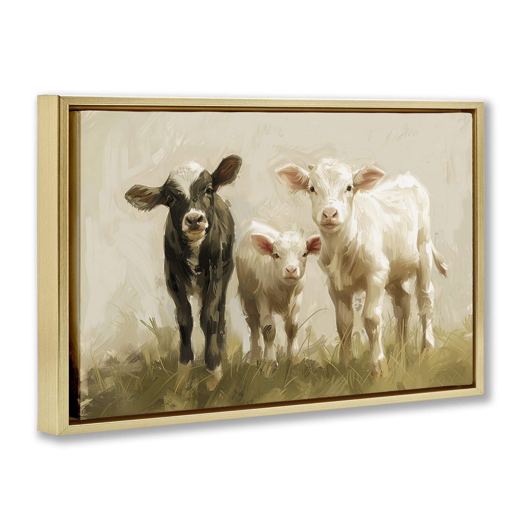 Stupell Industries Baby Cattle Trio Animals Painting Gold Floater Framed Canvas Art Print Wall Art, 25 x 17