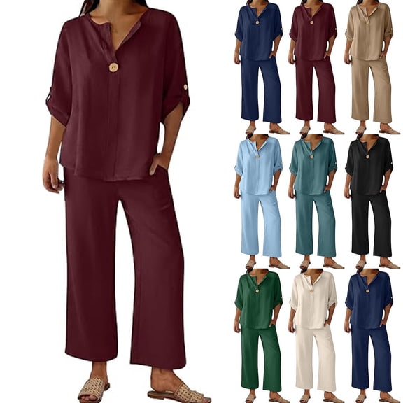 Women's 2 Piece Lounge Set, 3/4 Sleeve V Neck Casual Top and Wide Leg Pants, Soft Material Matching Outfit for Daily Wear, Beach Travel and Relaxation-Beige