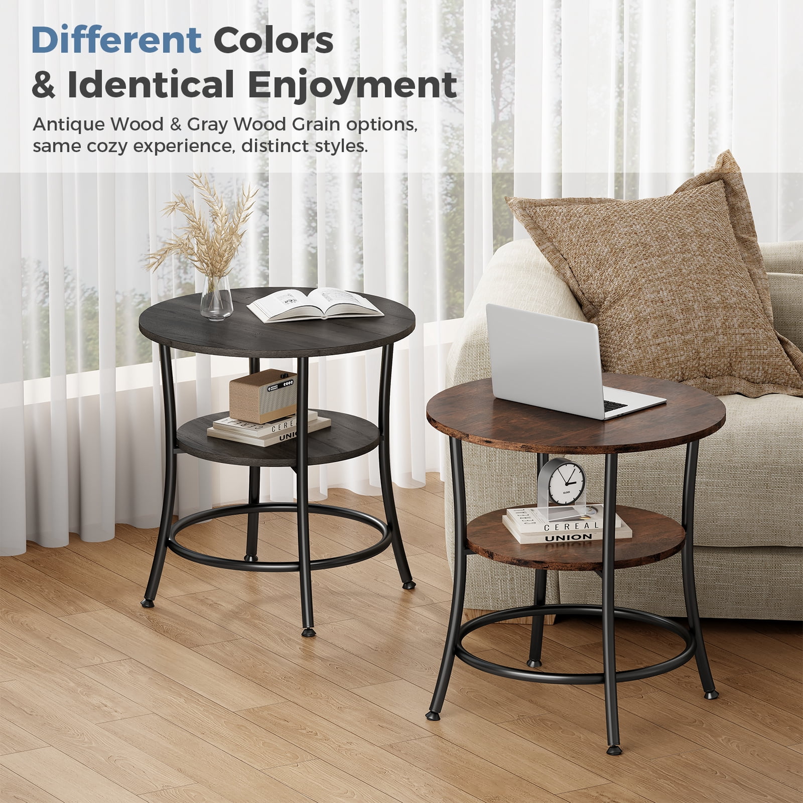 CONCETTA 2-Tier Small Round Side Table, Bedside Nightstand with Sturdy 70lbs Top Capacity, End Table for Living Room, Bed Room & Small Spaces,Gray