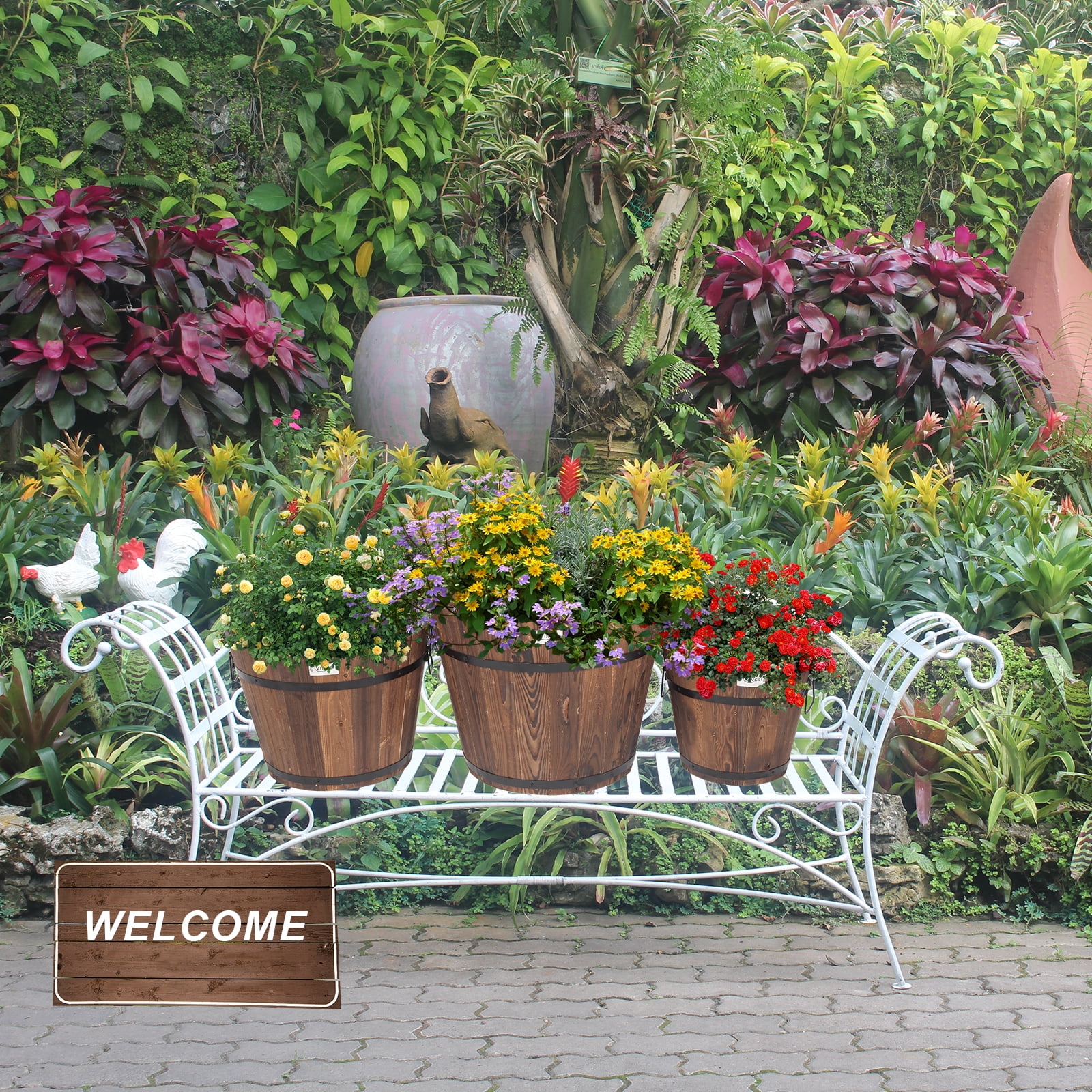 VINGLI Wooden Planter Barrel Set Brown Wood Rustic Flower Pots