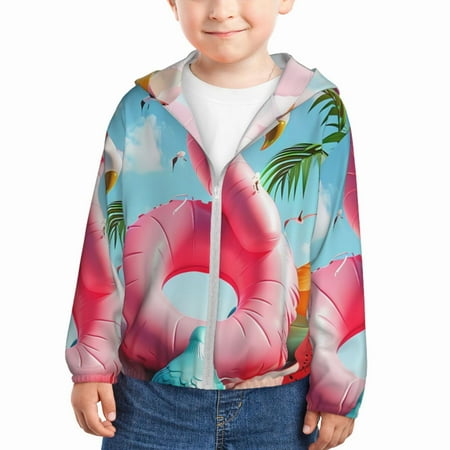 

Qekee Tropical Flamingo Pool Float Print UPF 50+ Kids Sun-Protective Hooded Long Sleeve Rash Guard for Fishing Water Beach Sports -4 Years