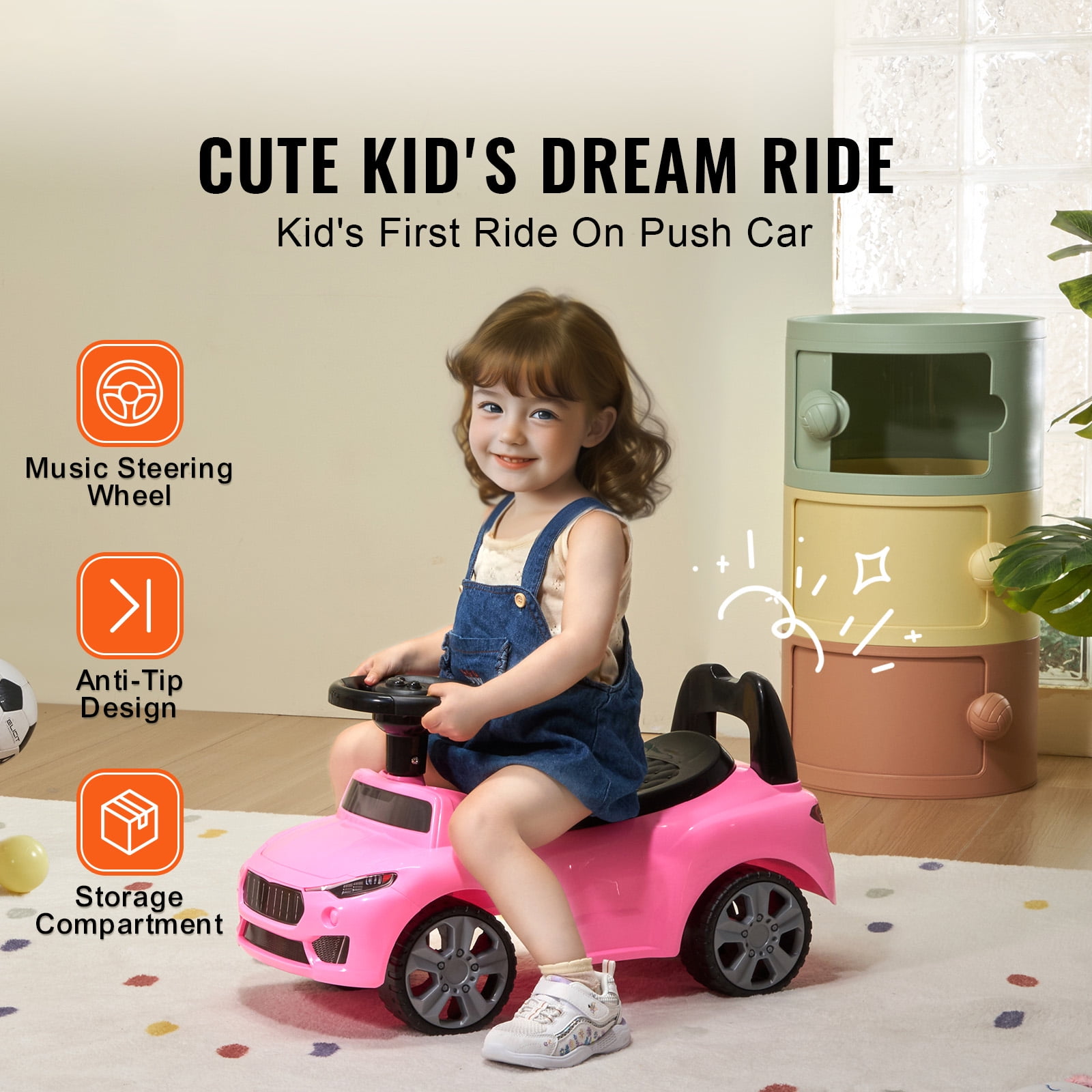 KFFKFF Toddler Push Car, 1-3 Years, Ride Racer, Convertible Sit-to-Stand Toy, Children's Riding Car with Musical Steering & Storage, Pink Ride-On for Kids