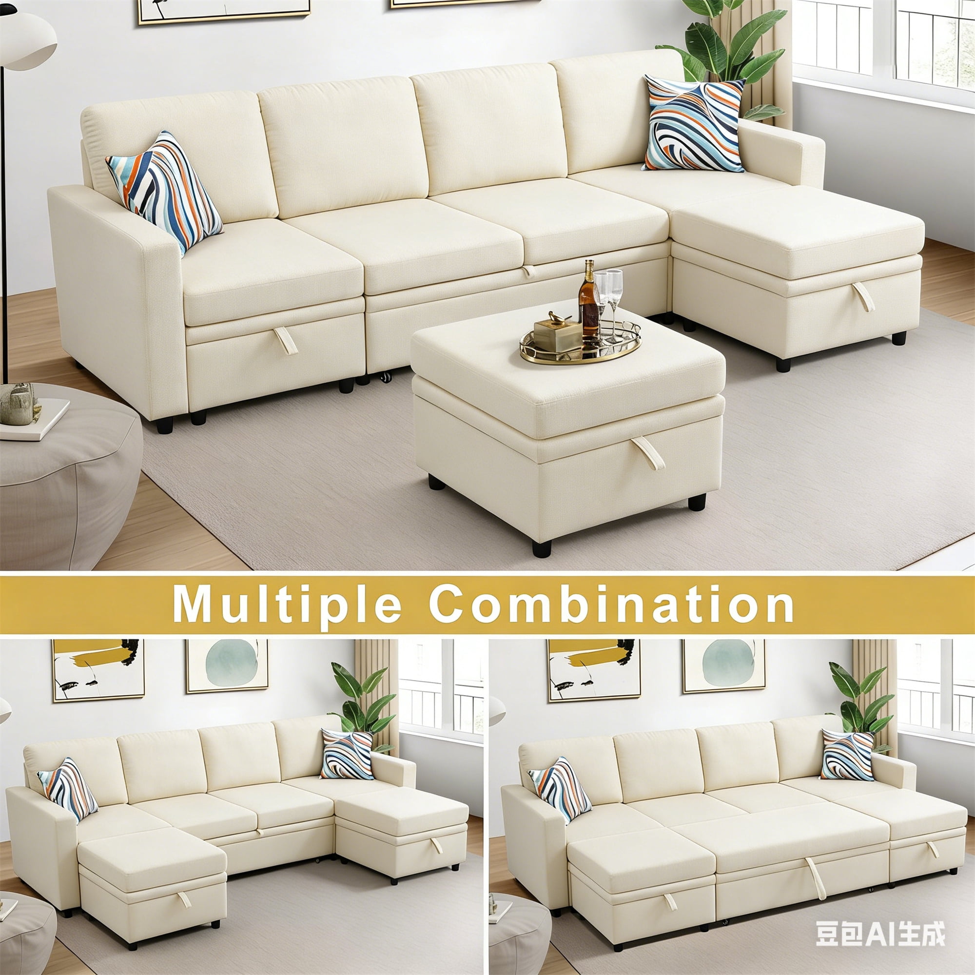 Aukfa 6-Seater Sectional Sofa Modular Couch with Storage Seat&Pull Out Bed for Living Room, Linen, Beige