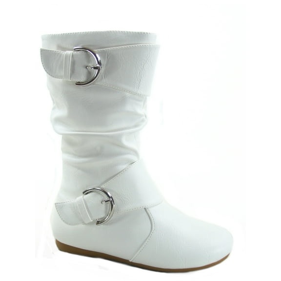 Klein-80k Girls Kid's Causal Round Toe Flat Heel Buckles Zipper Slouchy Mid Calf Boots Shoes ( White, 9 )