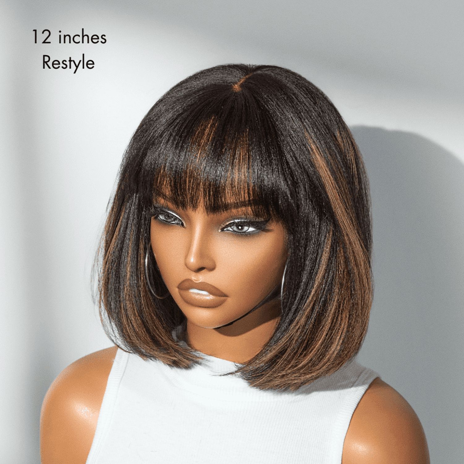 LUVME 10" Put On and Go Brown Highlight Yaki Bob with Bangs Glueless Minimalist Lace Wig Breathable Cap for Women