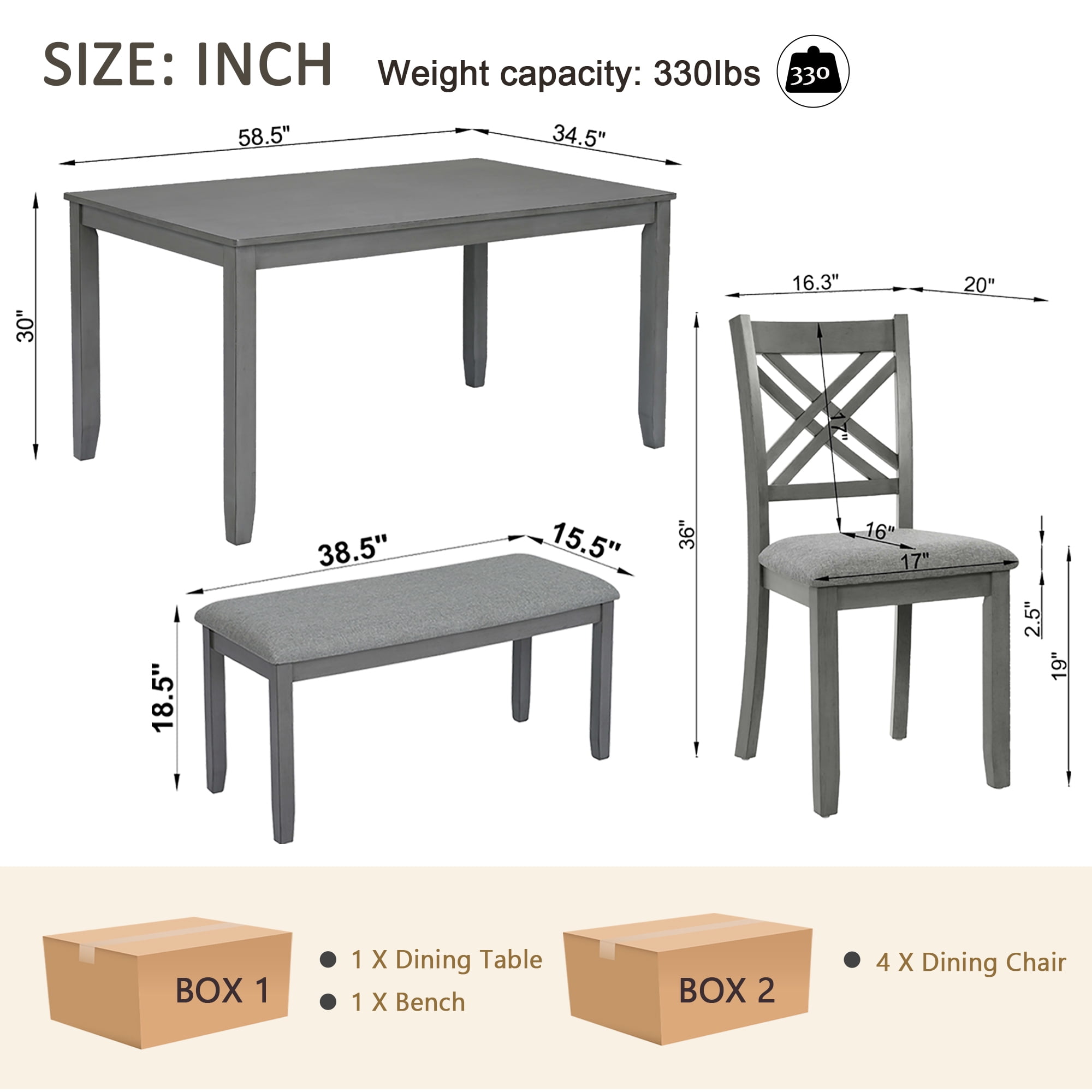 Gewnee 6 Piece Kitchen Dining Table Set,Rectangular Table with 4 Upholstered Chairs and a Bench,Wood Dining Room Table Set for 6 People,Dining Furniture Set.Gray
