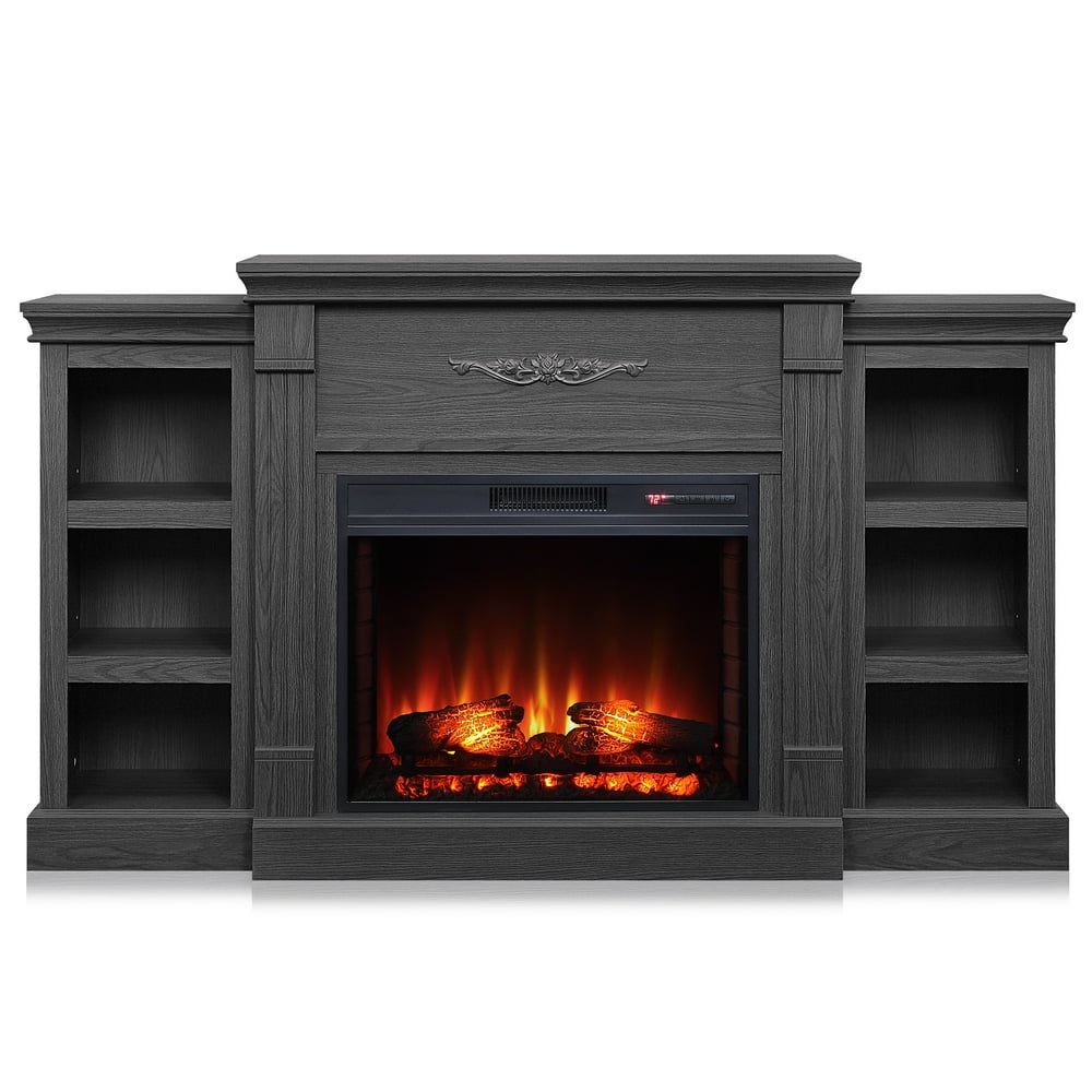 BELLEZE 28" Electric Fireplace Heater & Mantel w/ Bookcase, Grey